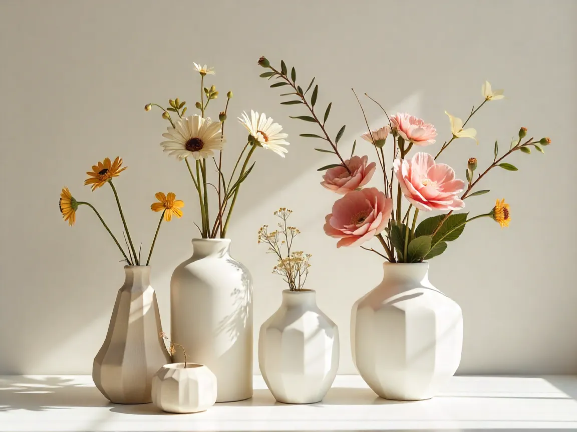 Collection of geometric vases with minimalist floral arrangements